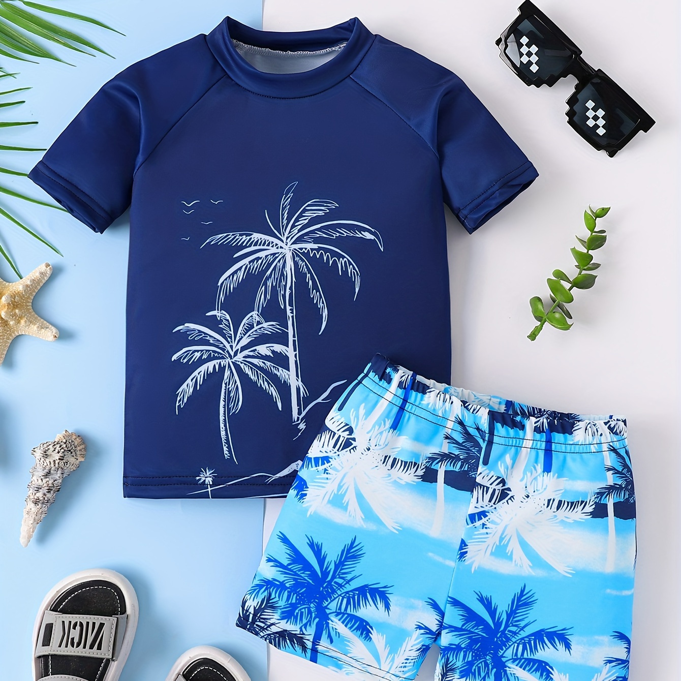 

2pcs Beach Coconut Tree Pattern Swimsuit For Boys, T-shirt & Swim Trunks Set, Stretchy Surfing Suit, Boys Swimwear For Summer Beach Vacation