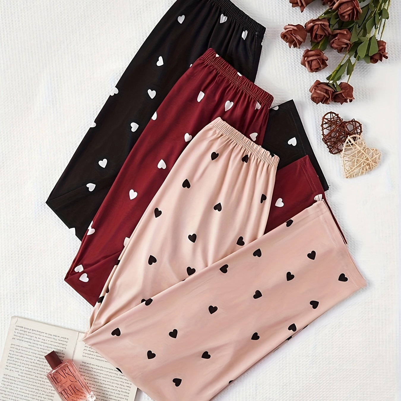 

3pcs Plus Size Casual , Print Bow Waistband Loose Home Trousers For