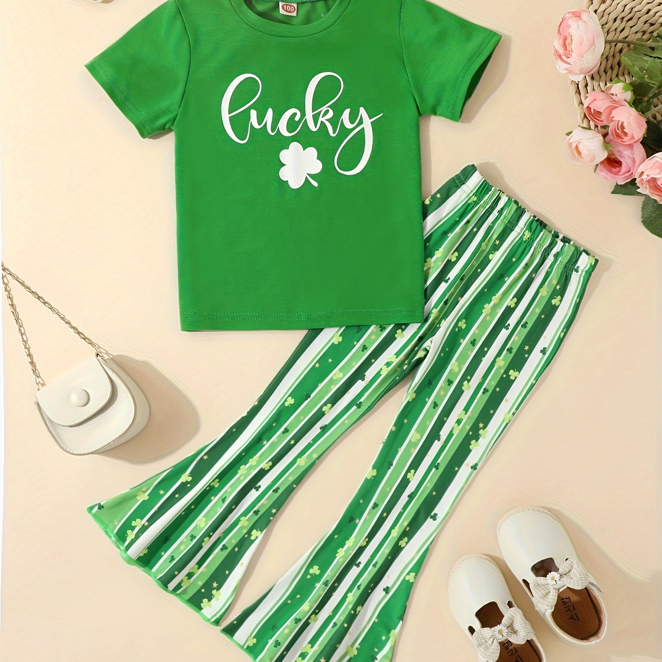

2pcs Girls Lucky & Shamrock Graphic Outfits Comfy Sets For Spring Summer St. Patrick's Day