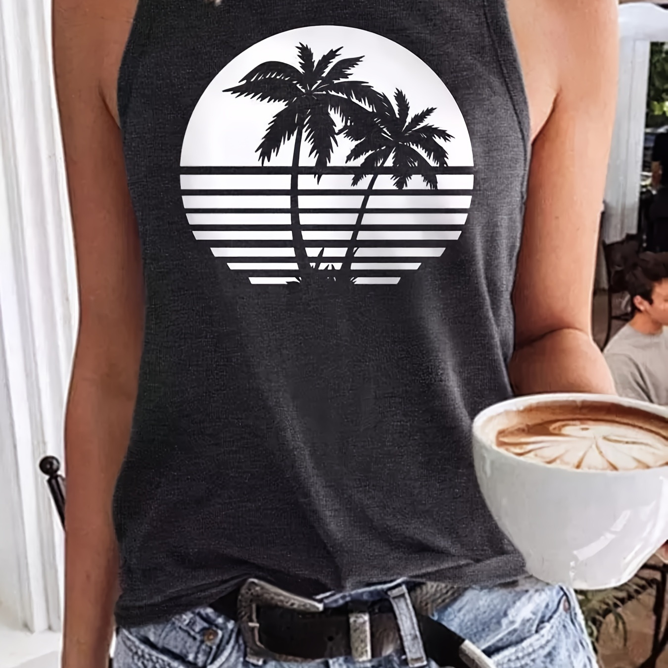 

Coconut Tree Print Tank Top, Casual Crew Neck Sleeveless Summer Tank Top, Women's Clothing
