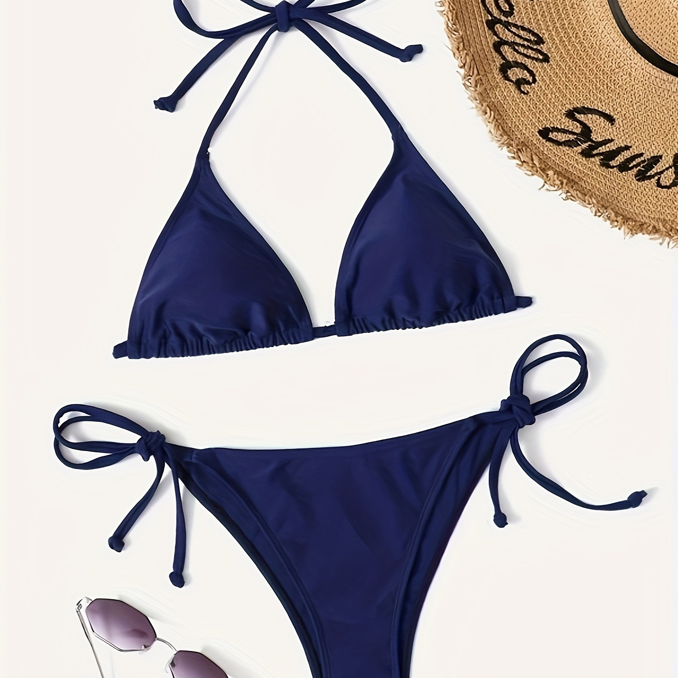 

Triangle Plain Blue 2 Piece Set Bikini, Halter Tie Side Backless Stretchy Swimsuits, Women's Swimwear & Clothing