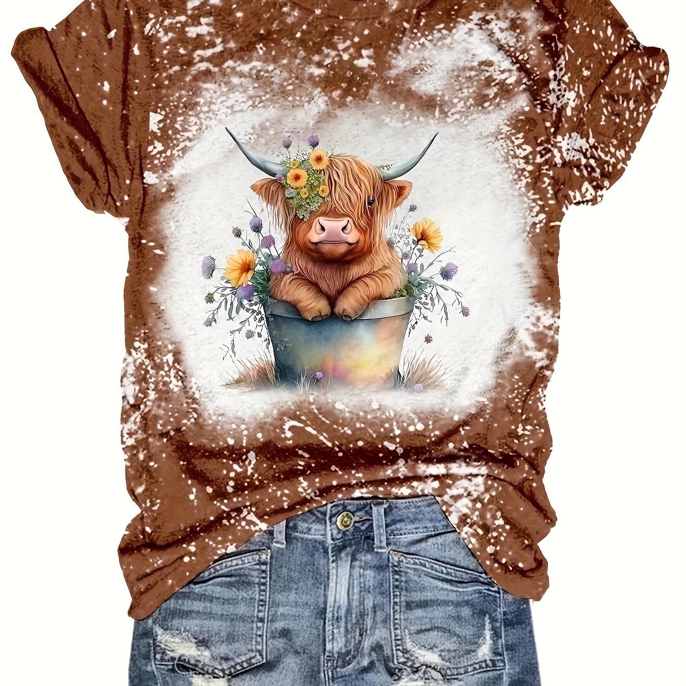 

Cow & Floral Print T-shirt, Casual Short Sleeve Crew Neck Top For Spring & Summer, Women's Clothing