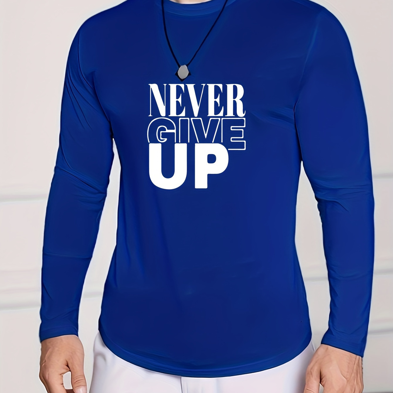 

Men's Long Sleeve T-shirt Casual Loose Fit Fashion Trendy ' Never Give Up ' Print Tee Crew Neck Top