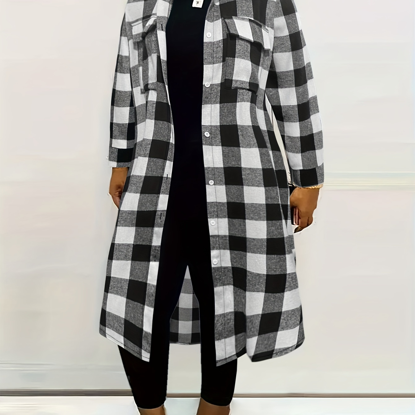

Plus Size Casual Coat, Women's Plus Plaid Print Long Sleeve Button Up Lapel Collar Longline Coat