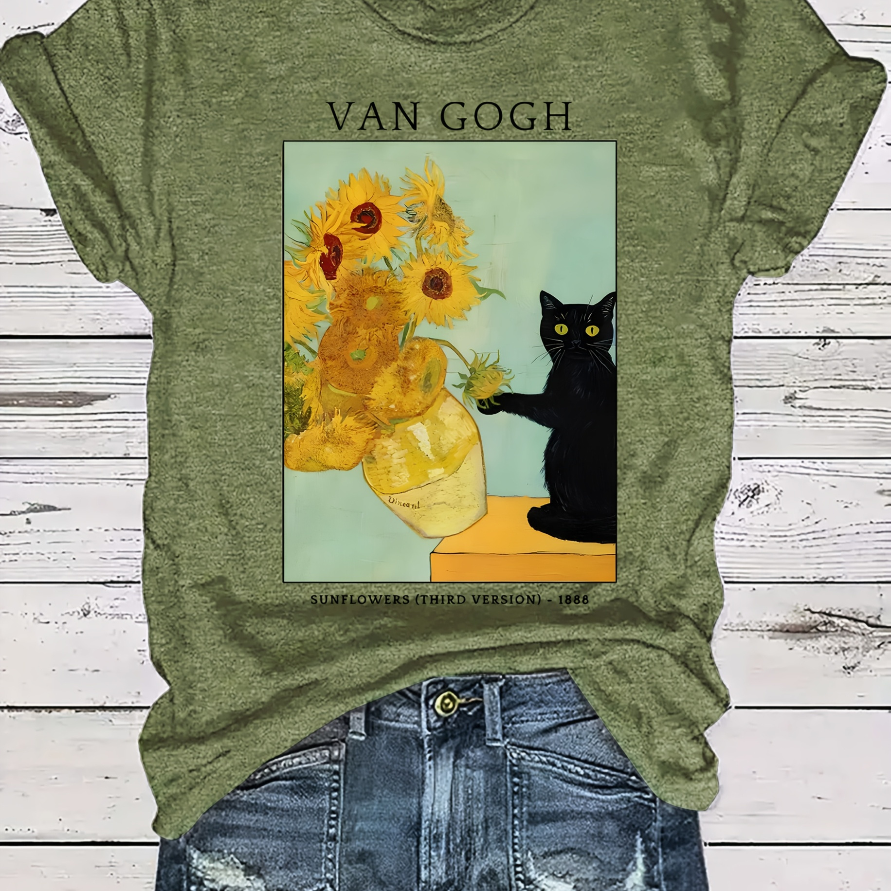 

Women's Casual Polyester T-shirt | Van Sunflower & Black Cat Graphic | Round Neck, Short Sleeve | Machine Washable | Fit | Vibrant Tee For Casual Attire