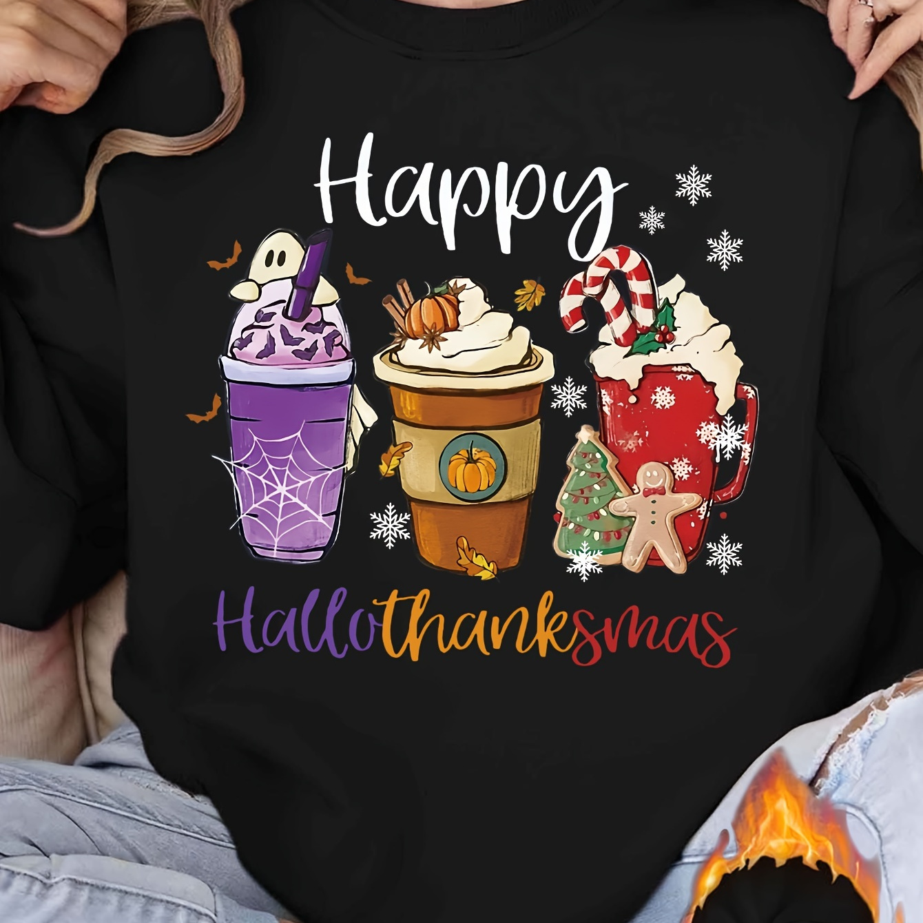 

Graphic Print Crew Neck Casual Sweatshirt For Women - 100% Polyester Knit Fabric With Applique Detail, Festive Holiday Design Long Sleeve Pullover For Fall/winter