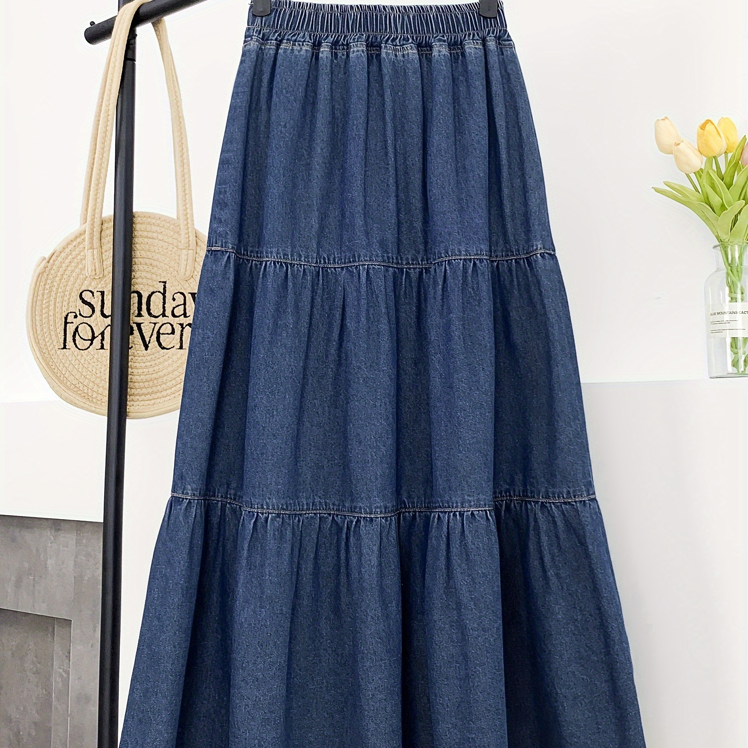 

Women's Denim Maxi Skirt With Hem, Elastic High Waist Elegant Skirt For Summer, Casual Comfort Women Clothing