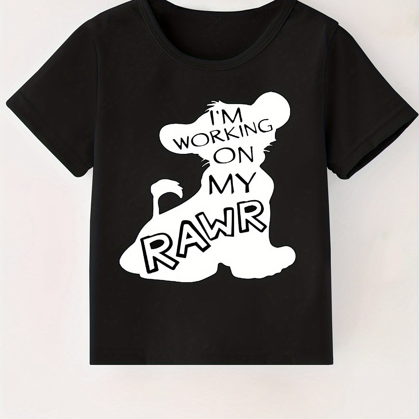 

I'm Working On My Rawr Letter And Animal Print Boys Creative T-shirt, Casual Lightweight Comfy Short Sleeve Tee Tops, Kids Clothings For Summer