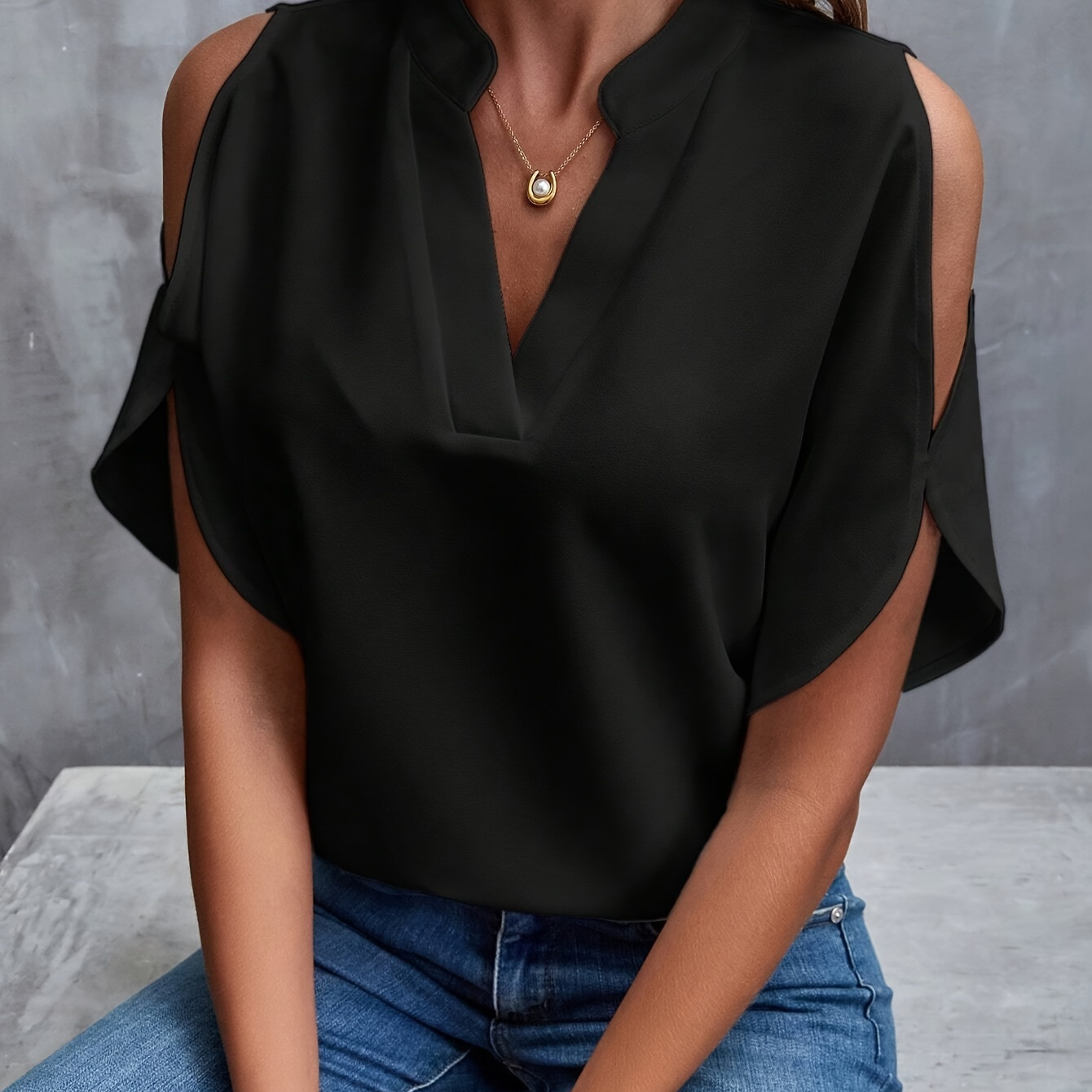 

Women's Casual V-neck Blouse With Cut-out Shoulder Detail, Dressy Summer Top For Business Or Casual Wear