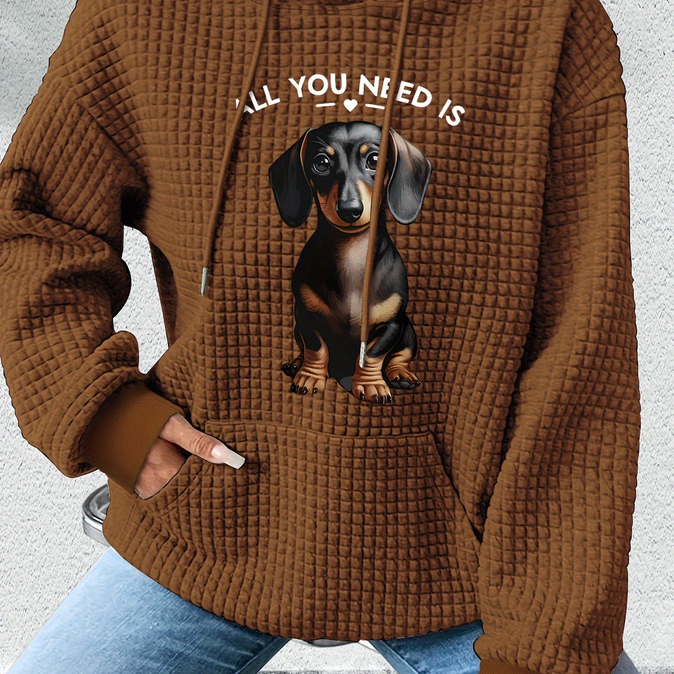 

Cozy Waffle-knit Hoodie With Dachshund Print - Casual Long Sleeve Pullover For Women, Machine Washable