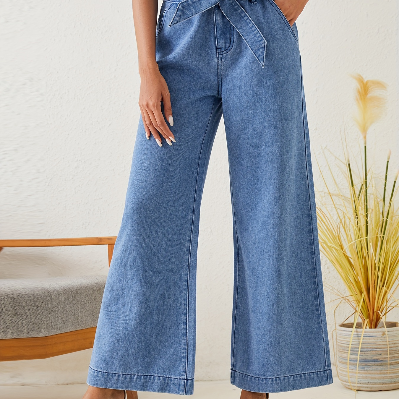 

High Waist With Waistband Baggy Jeans, Slant Pockets Loose Fit Wide Legs Jeans, Women's Denim Jeans & Clothing