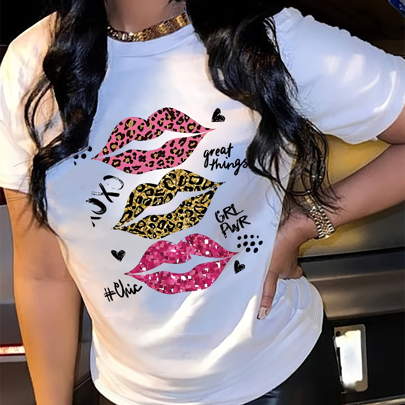 

Leopard Lips Print T-shirt, Casual Short Sleeve Crew Neck Summer Top, Women's Clothing