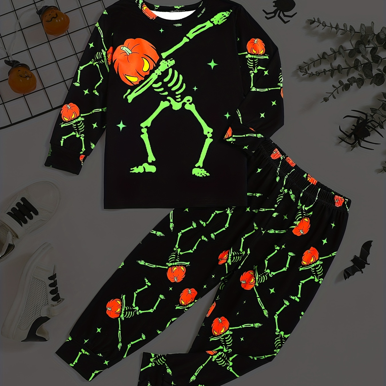 

Boys Girls Halloween Glow-in-the-dark Skeleton And Pumpkin Print Long Sleeve Crew Neck Top And Pants Set, Trick Or Treat Comfy Clothes