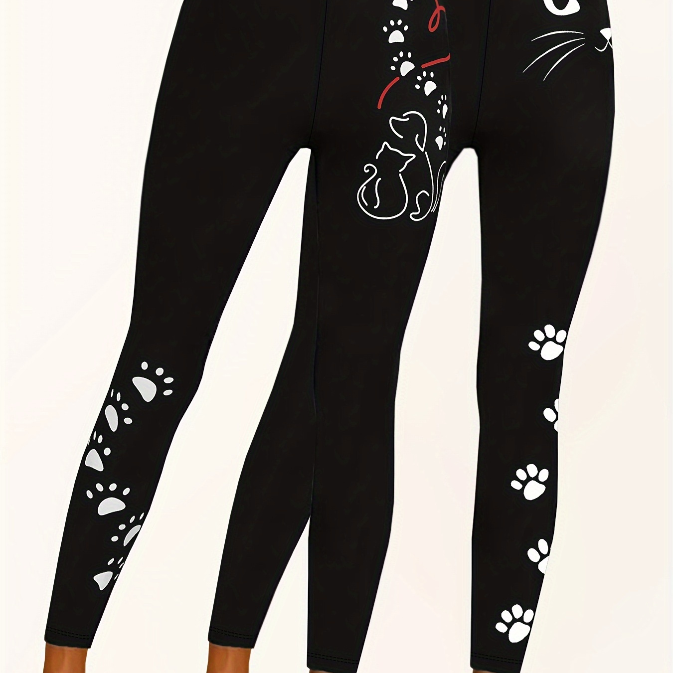 

Women's 2-pack Cat Cartoon Paw Print Fleece-lined Leggings, Casual Knit Fabric Skinny Pants With Waistband, Comfortable Black Trousers For Adults