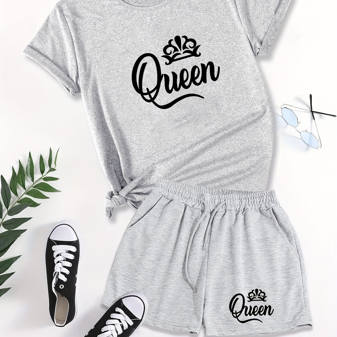 

Queen Print Casual Shorts Set, Crew Neck Short Sleeve T-shirt & Elastic Waist Slant Pocket Drawstring Shorts Outfits, Women's Clothing