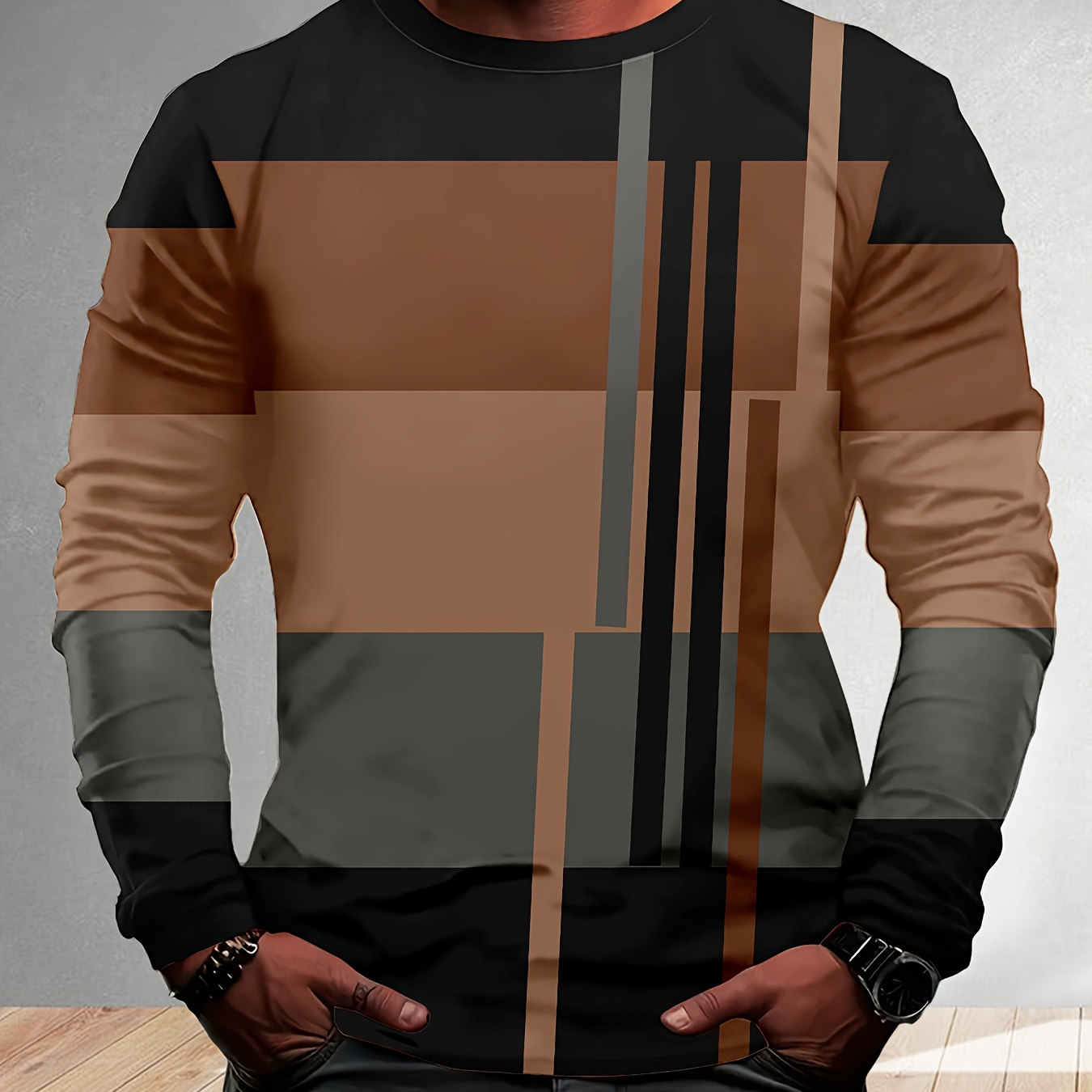 

Men's Long-sleeve T-shirt With Patchwork Stripes, A Stylish And Casual Top Suitable For . Round-neck T-shirt For , Spring And Autumn, Featuring A With Random 3d Prints.