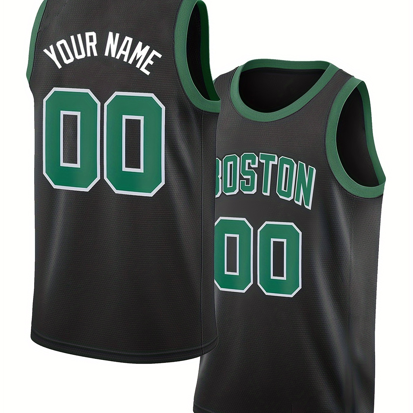 

Men's Customizable Basketball Jersey, Embroidered Name & Number, "boston" 00, Black With Green Trim, Outdoor Sports Uniform, S-3xl, Clothing||flexible Jersey, Basketball Accessories