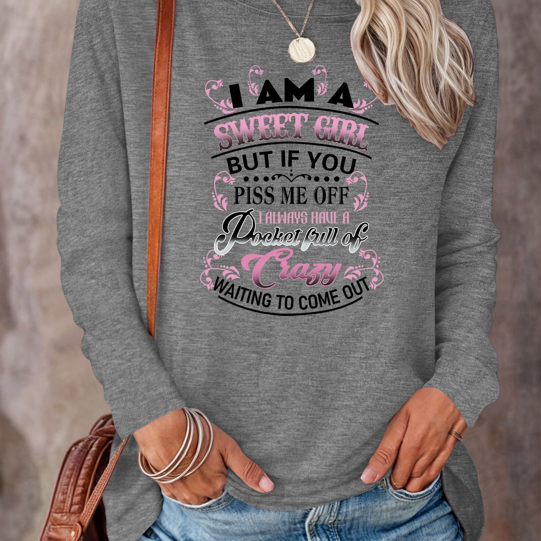 

Letter Print T-shirt, Long Sleeve Crew Neck Casual Top For Spring & Fall, Women's Clothing