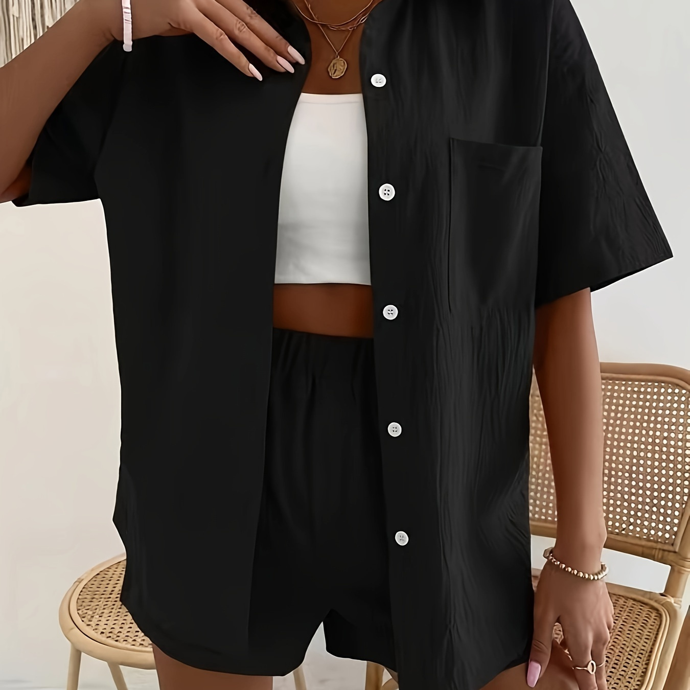 Solid Casual Two-piece Set, Button Front Short Sleeve Shirt & Elastic Waist Shorts Outfits, Women's Clothing