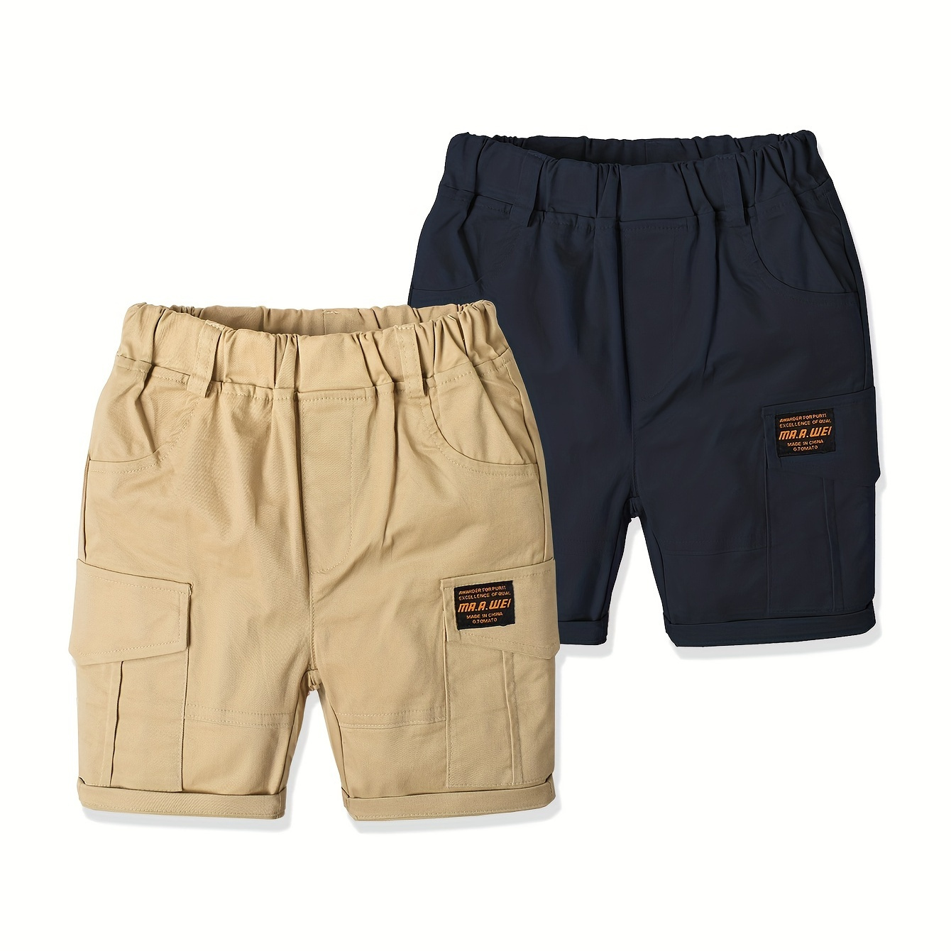 

2pcs Boy's Solid Cotton Cargo Shorts Elastic Waist Flap Pocket Comfy Versatile Shorts For Spring Summer Fall