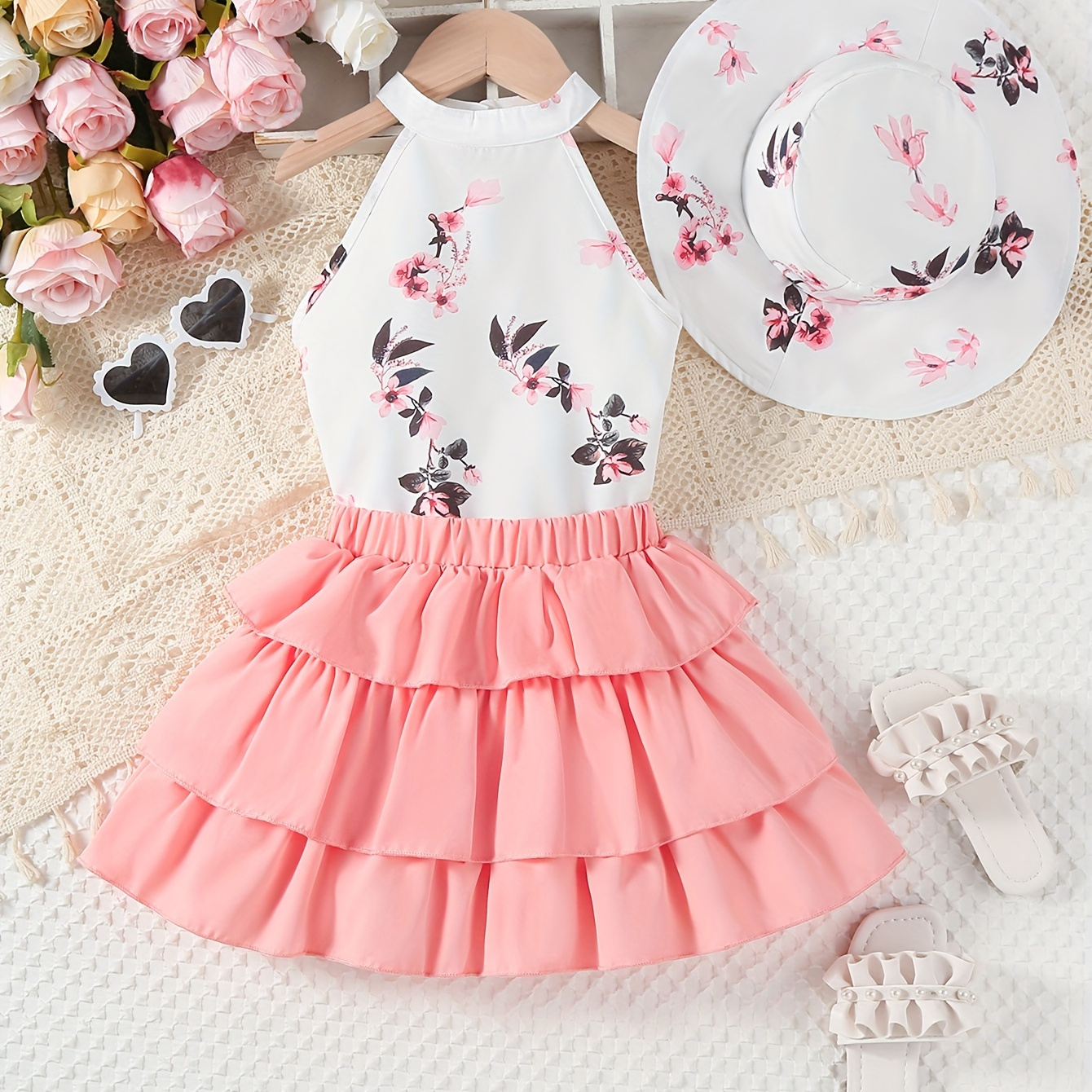 

2pcs Girls Floral Print Halter Top & Ruffle Layers Skirt With Free Matching Hat, Vacation Outfit