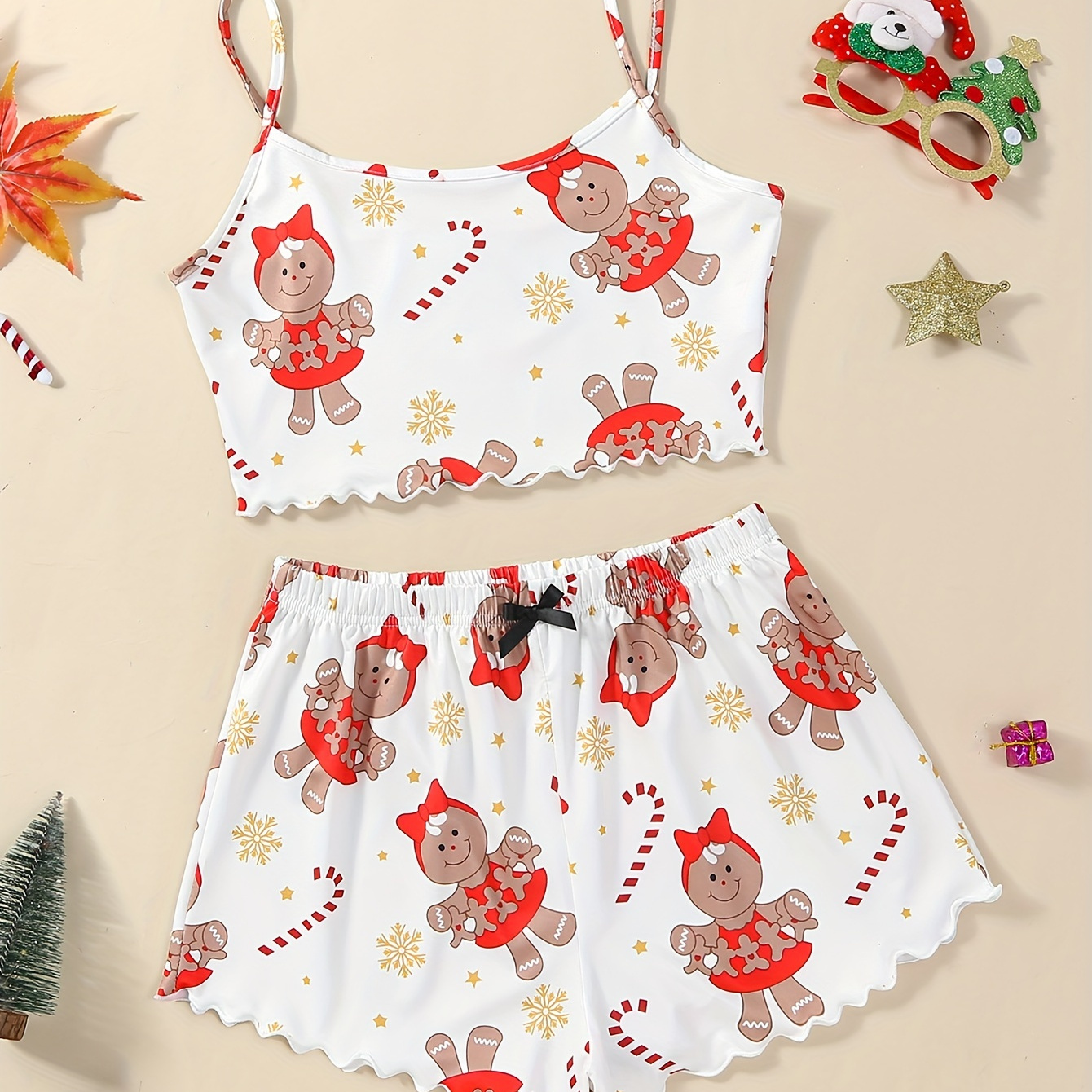 

Women's Festive Christmas Bear Print Pajama Set - Comfy Polyester Cami Top & Shorts, Machine Washable