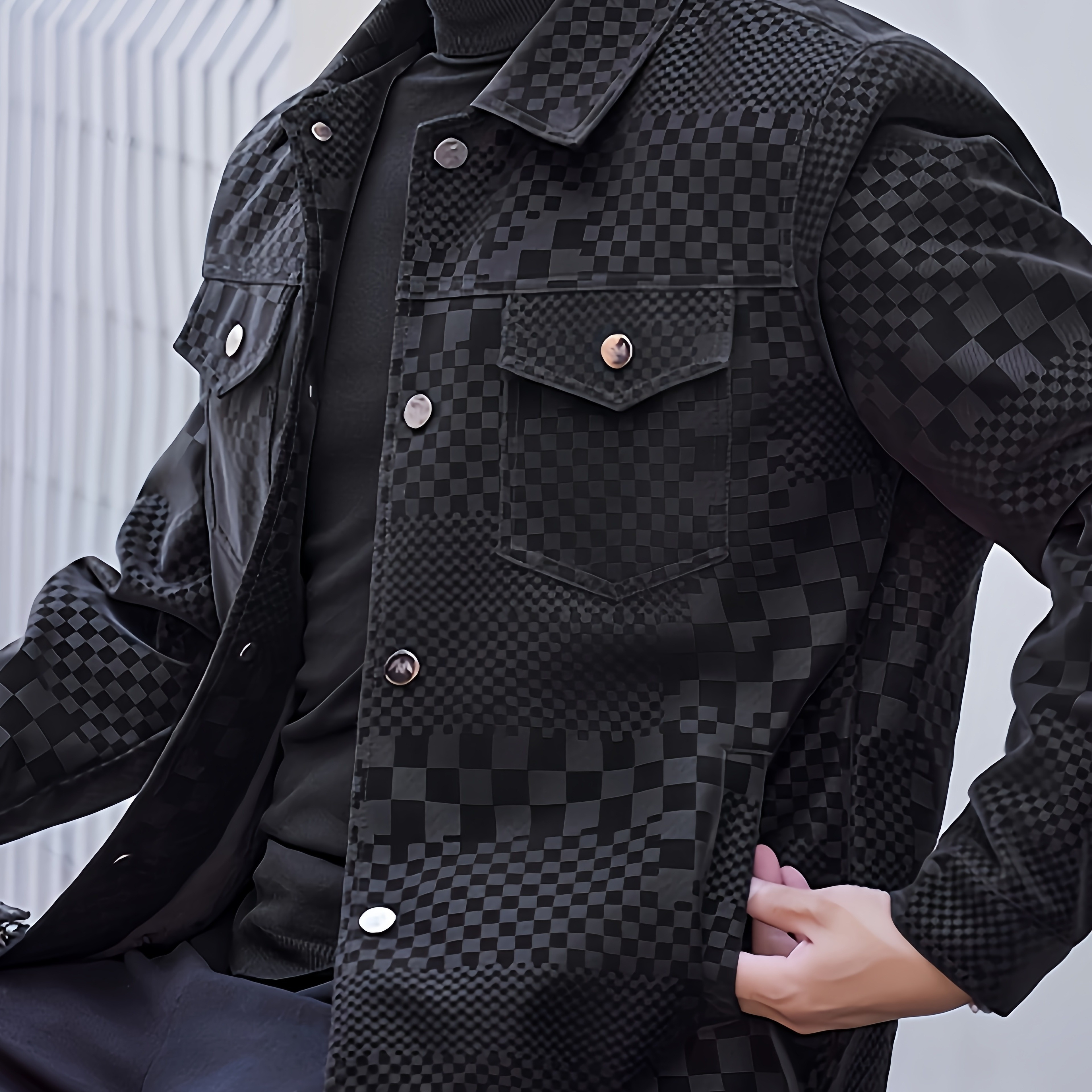 

Men's Casual Checkerboard Pattern Pu Leather Jacket, Button Up Lapel Jacket