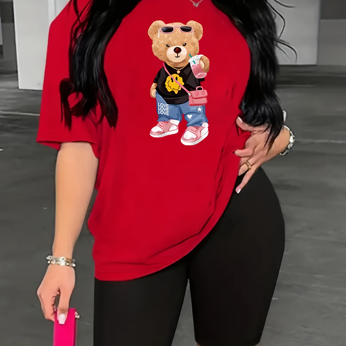 

Casual Bear Print Two-piece, Short Sleeve Crew Neck T-shirt & Biker Shorts Outfits, Women's Clothing