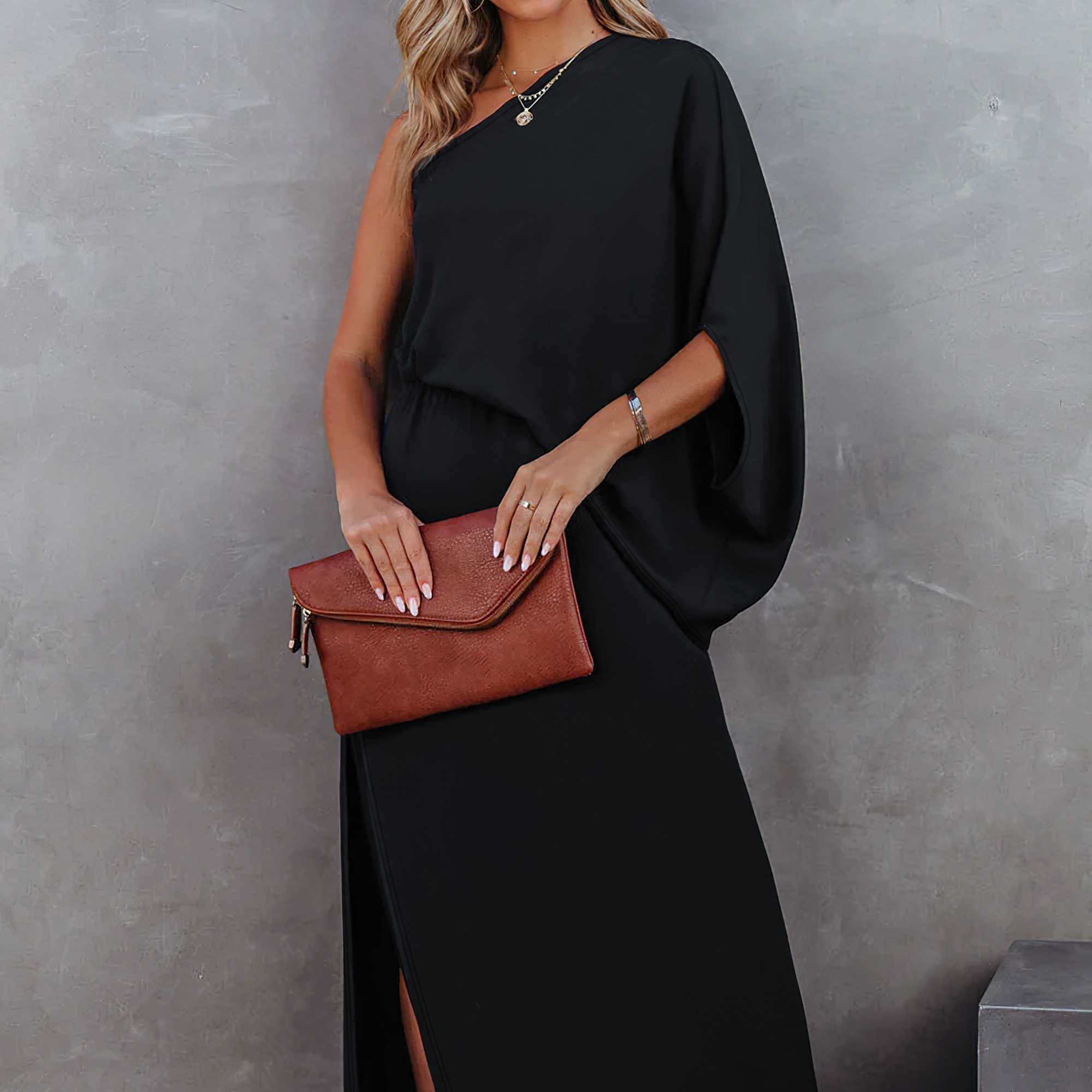 

Elegant One-shoulder Maxi Dress, Polyester Knit Fabric, Solid Color, With Split Thigh And Wide Sleeve, For