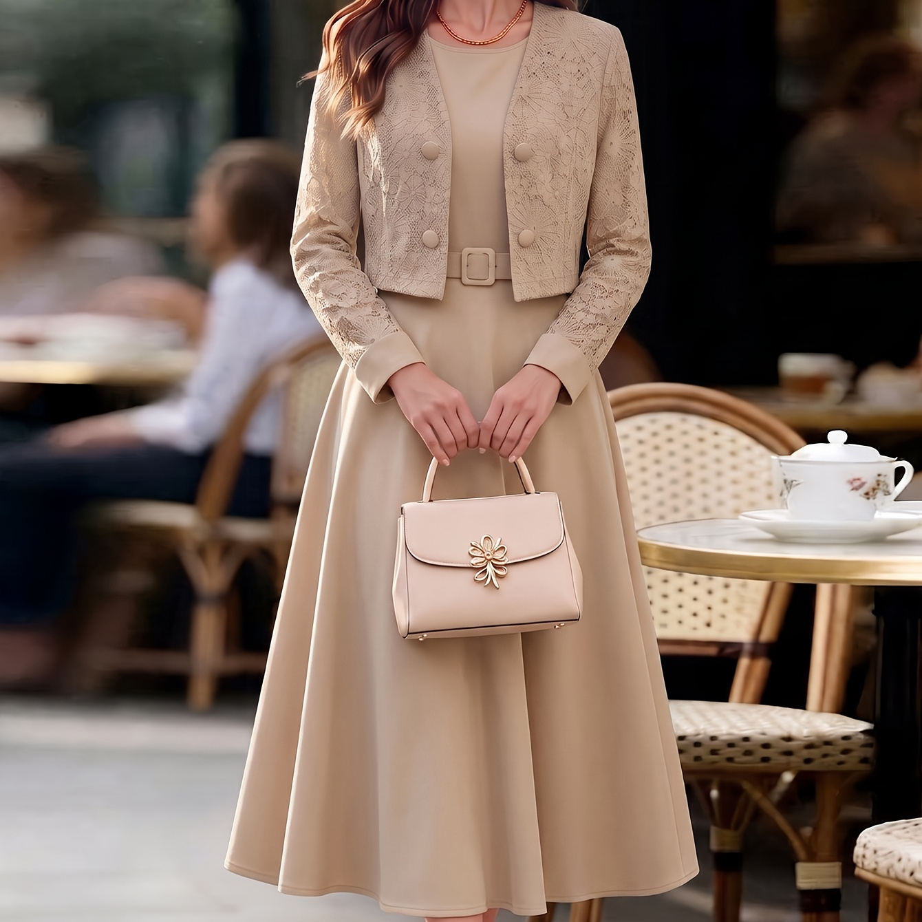 Beige Lace Jacket + Midi Dress 2pcs Set