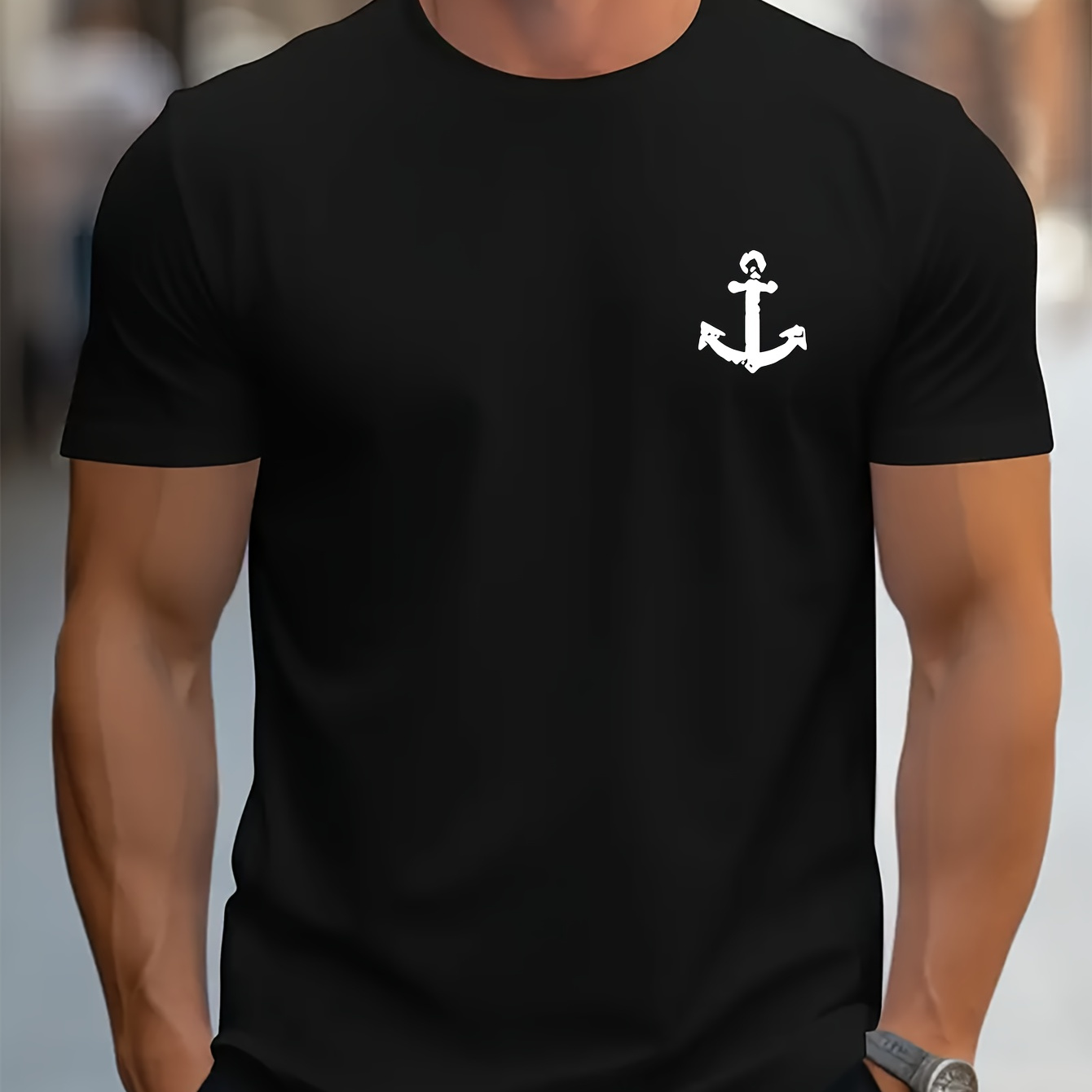 

Men's Casual Crew Neck Graphic T-shirt With Fancy Anchor Print, Trendy Short Sleeve Top For Summer Daily Wear