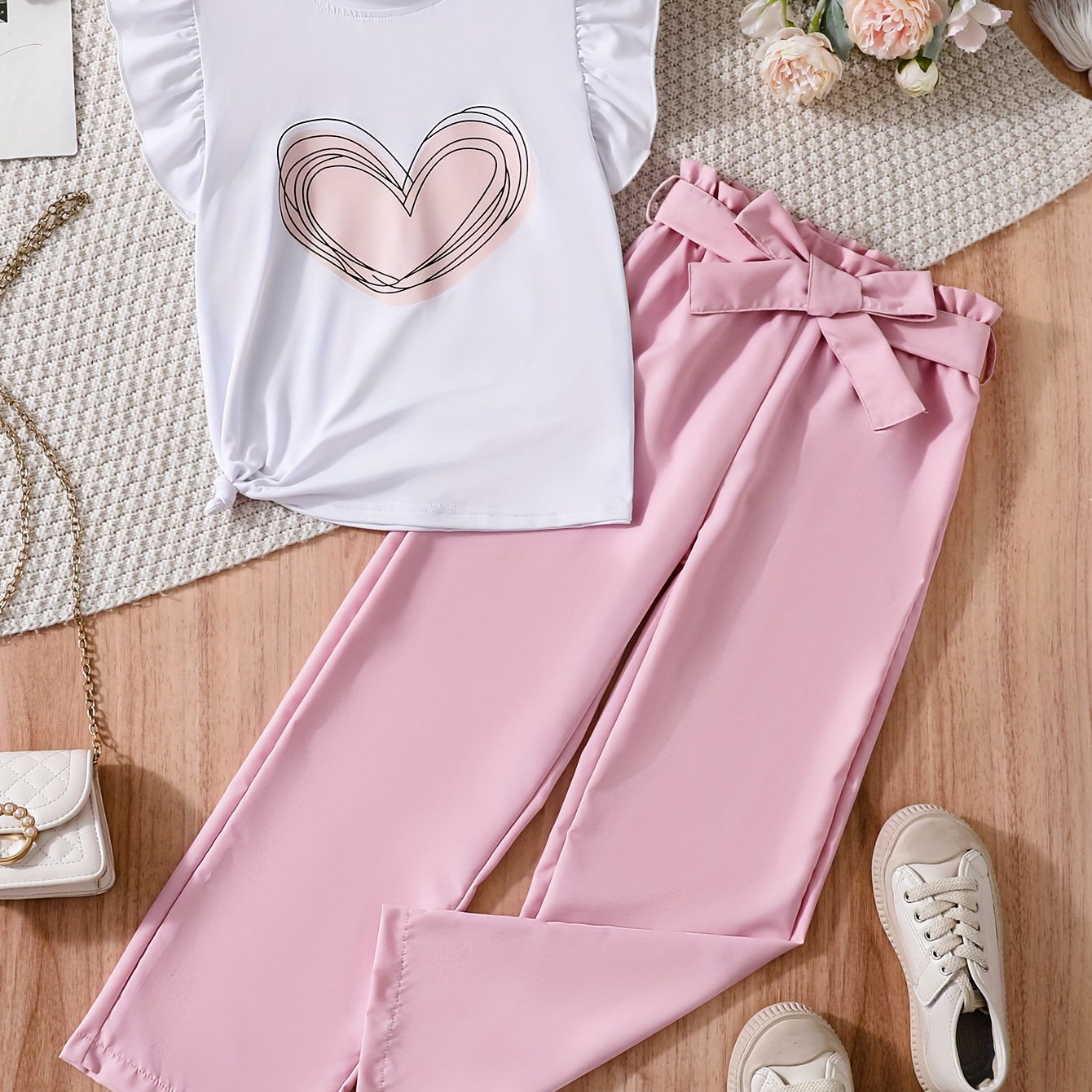 

Girl's Outfit Elegant Heart Print Frill Sleeve Top + Long Pants Set Two-piece Daily Holiday Summer Clothes