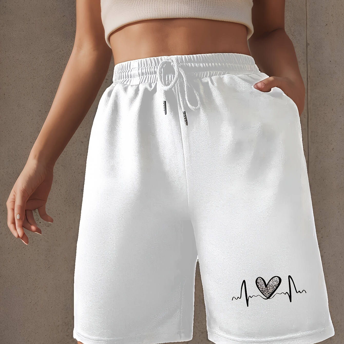 

Women's Casual Drawstring Shorts With Heartbeat Print - Comfy, Stretchy Polyester, Machine Washable - Perfect For Summer