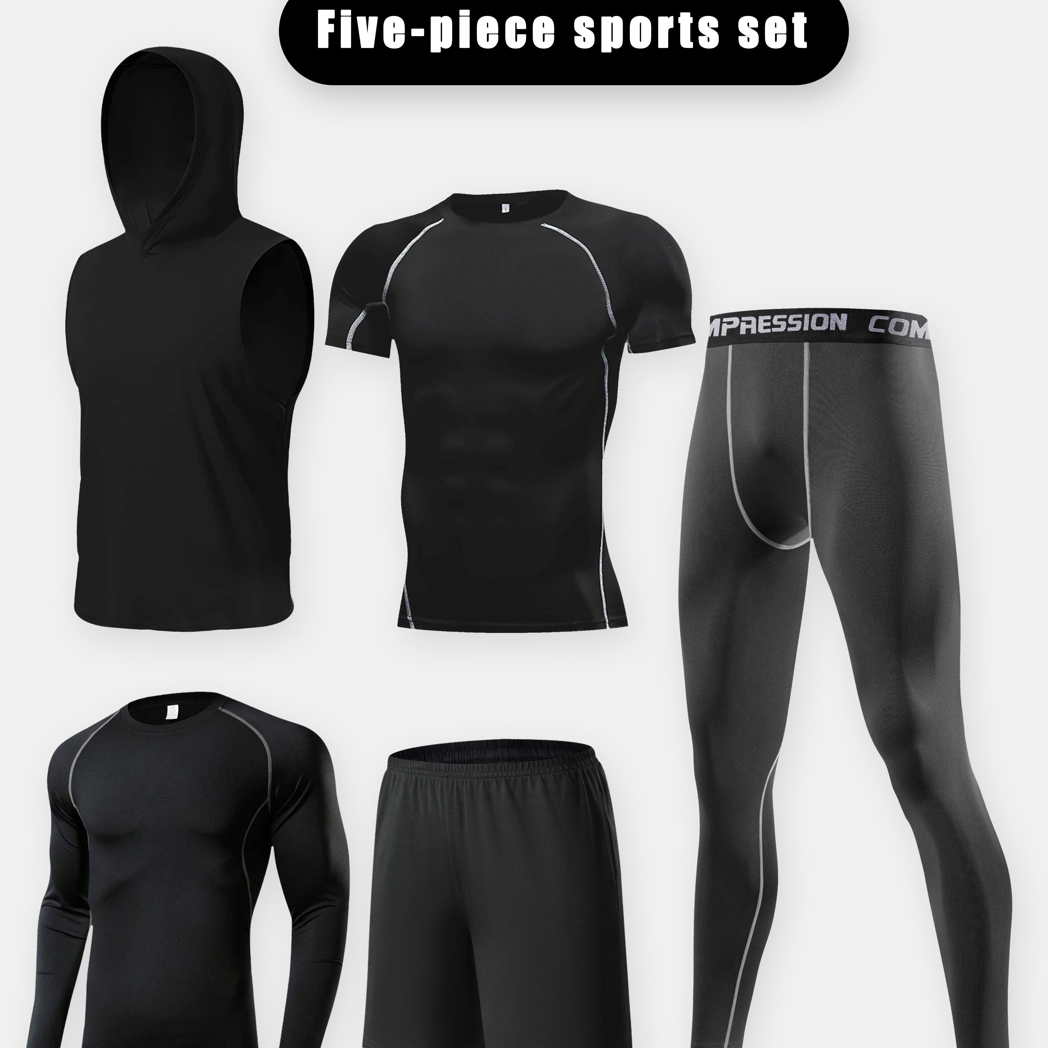 

Men's 5pcs Set - High Stretch, Breathable Polyester & Spandex, Solid Color, Knit Fabric, Crew Neck, For Training, Fitness, Running, Cycling, Basketball