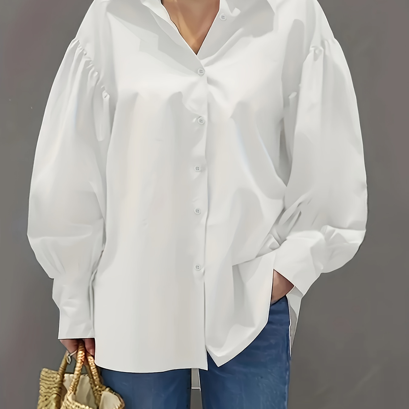 

Elegant Lantern Sleeve Blouse - Chic Polyester, Button-up With Collar, Machine Washable, Non-sheer - Ideal For Spring/summer Fashion, Plus Size Blouses