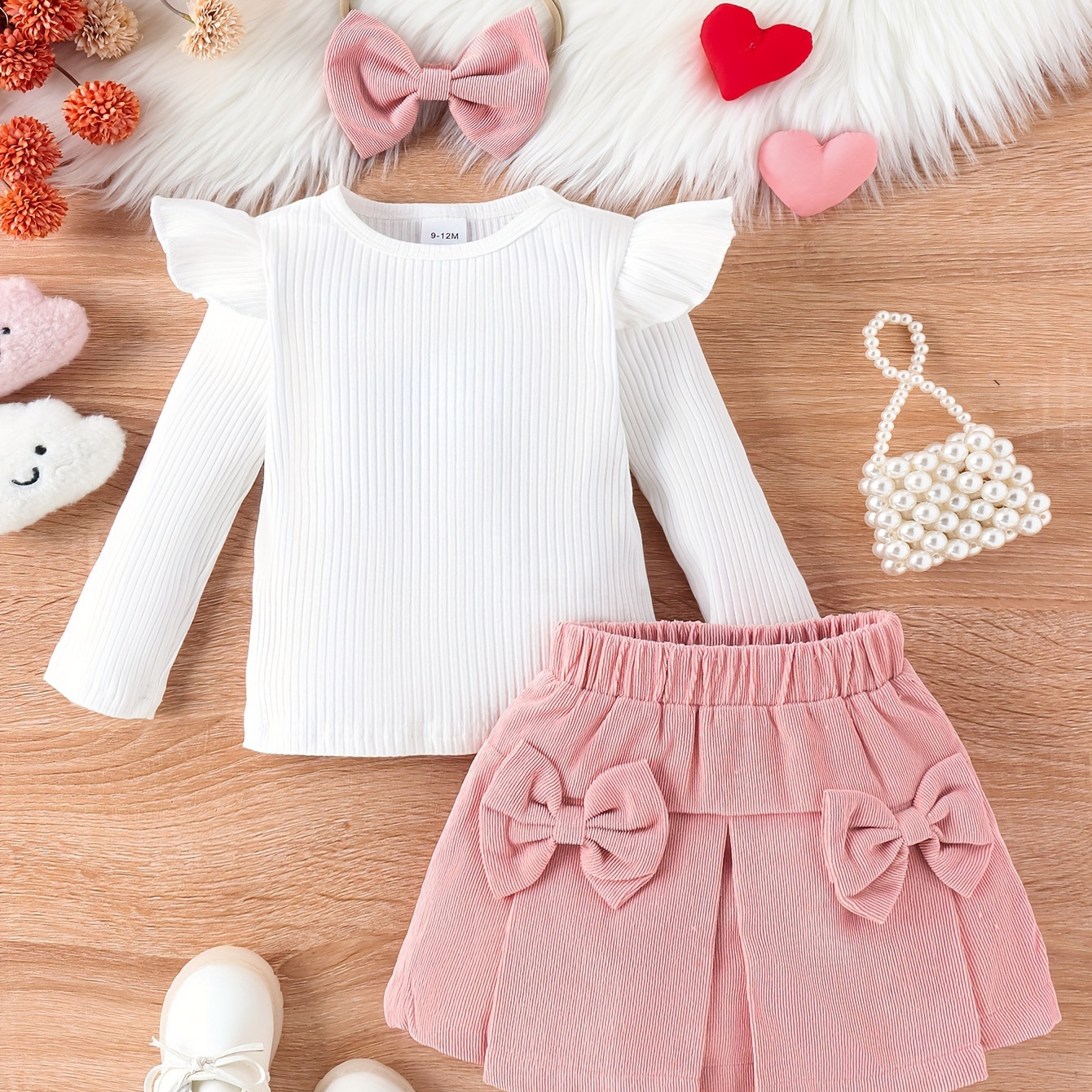 

3pcs Baby Girls Clothes Outfit, Solid Color Long Sleeve Two-color Pit Strip Top + Corduroy Bow + Short Skirt Three-piece Set