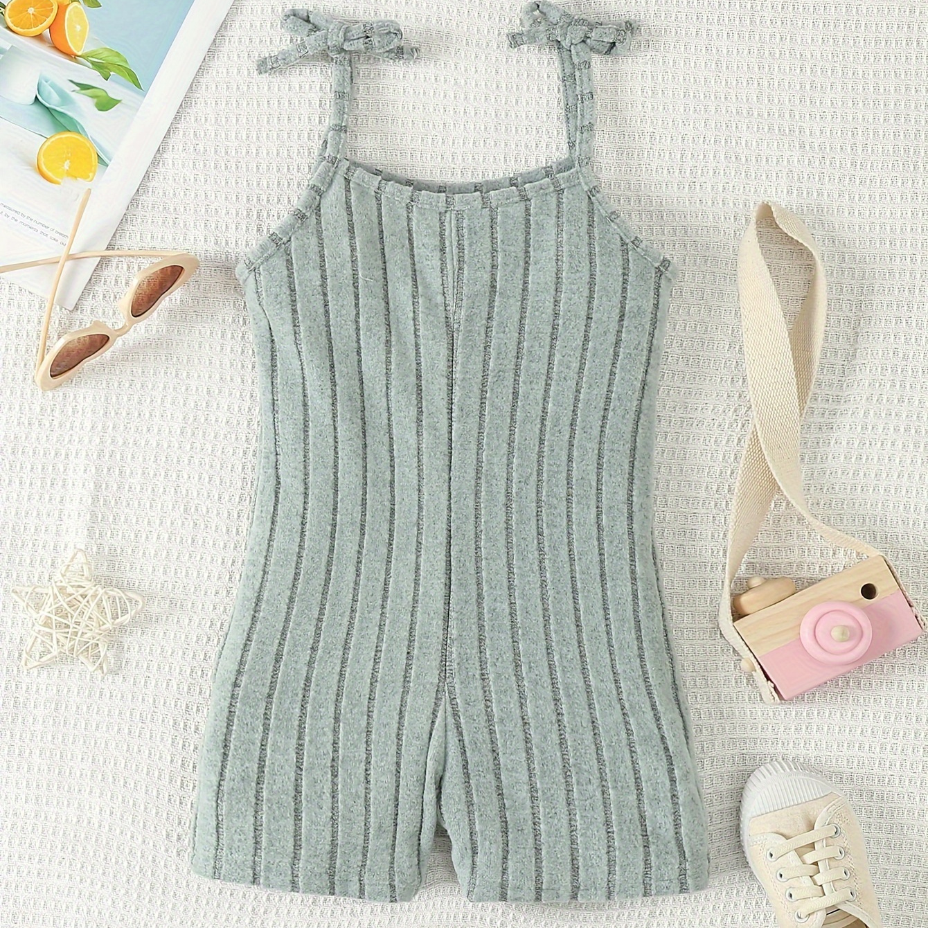 

Girls Casual Solid Ribbed Bow Decor Cami Jumpsuit Romper For Outdoor Party Gift