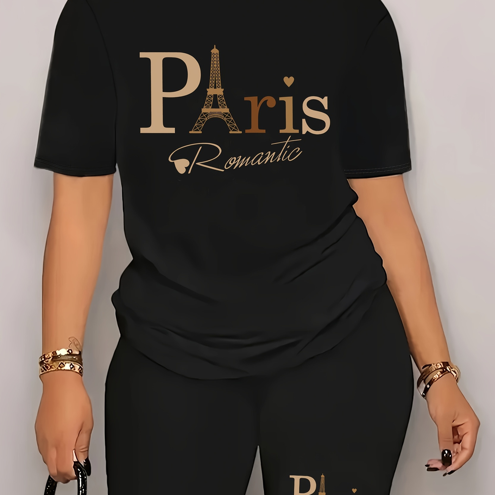 

Women's Paris Romantic Letter Print Two-piece Set, Casual Crew Neck T-shirt & Short Leggings, Knit Polyester 95% Spandex 5% Fabric, , 180gsm - Black