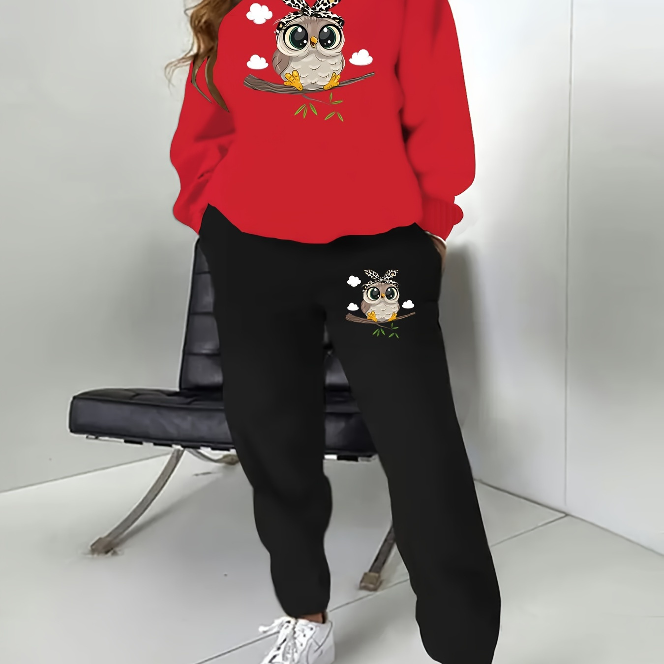 

Plus Size Cartoon Owl Print Two-piece Set, Casual Crew Neck Long Sleeve Sweatshirt & Sweatpants Outfits, Women's Plus Size Clothing