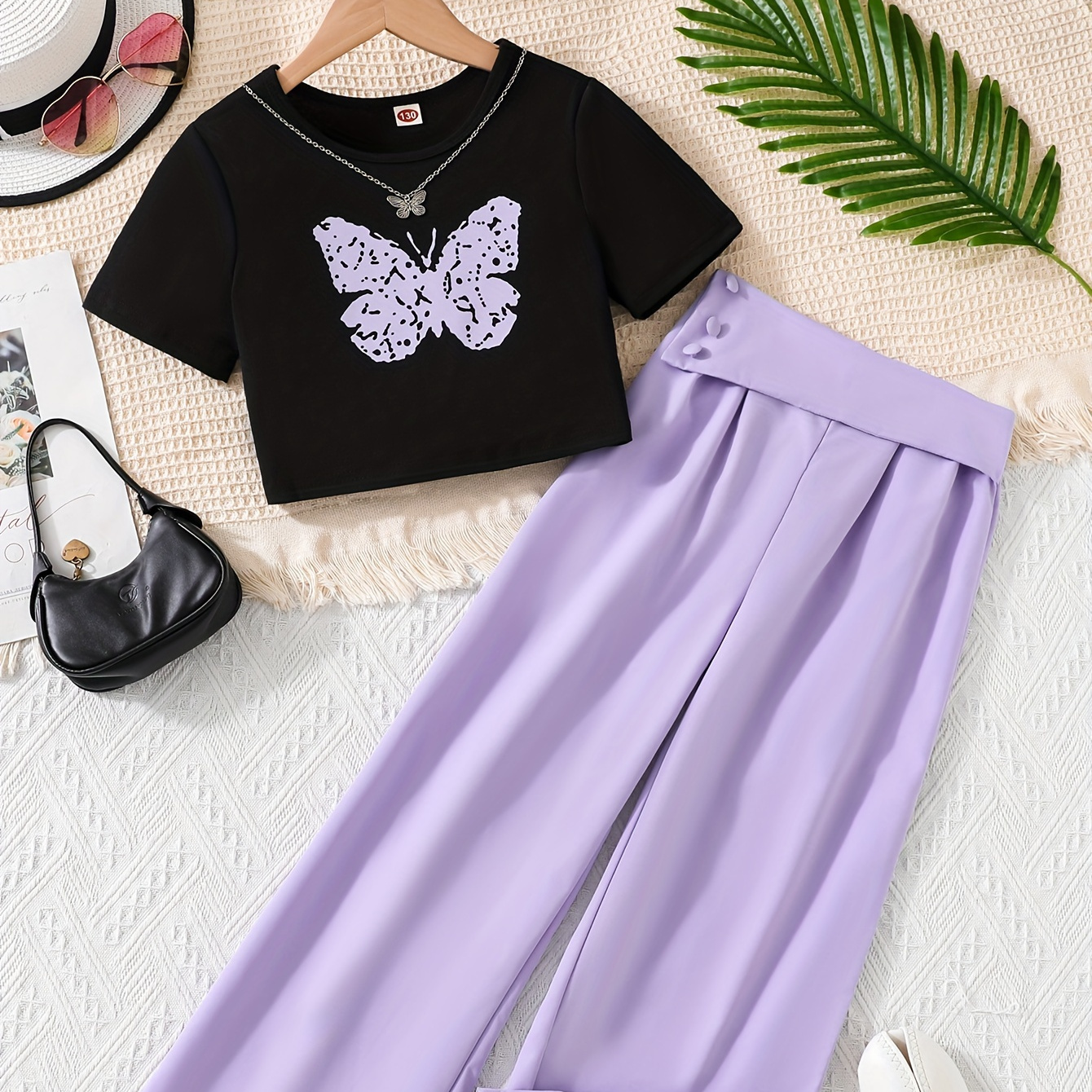 

Purple Butterfly Print 2pcs Girls Short Sleeve Top & High Waist Straight Pants Set Holiday Going Out Trendy Summer Outfit