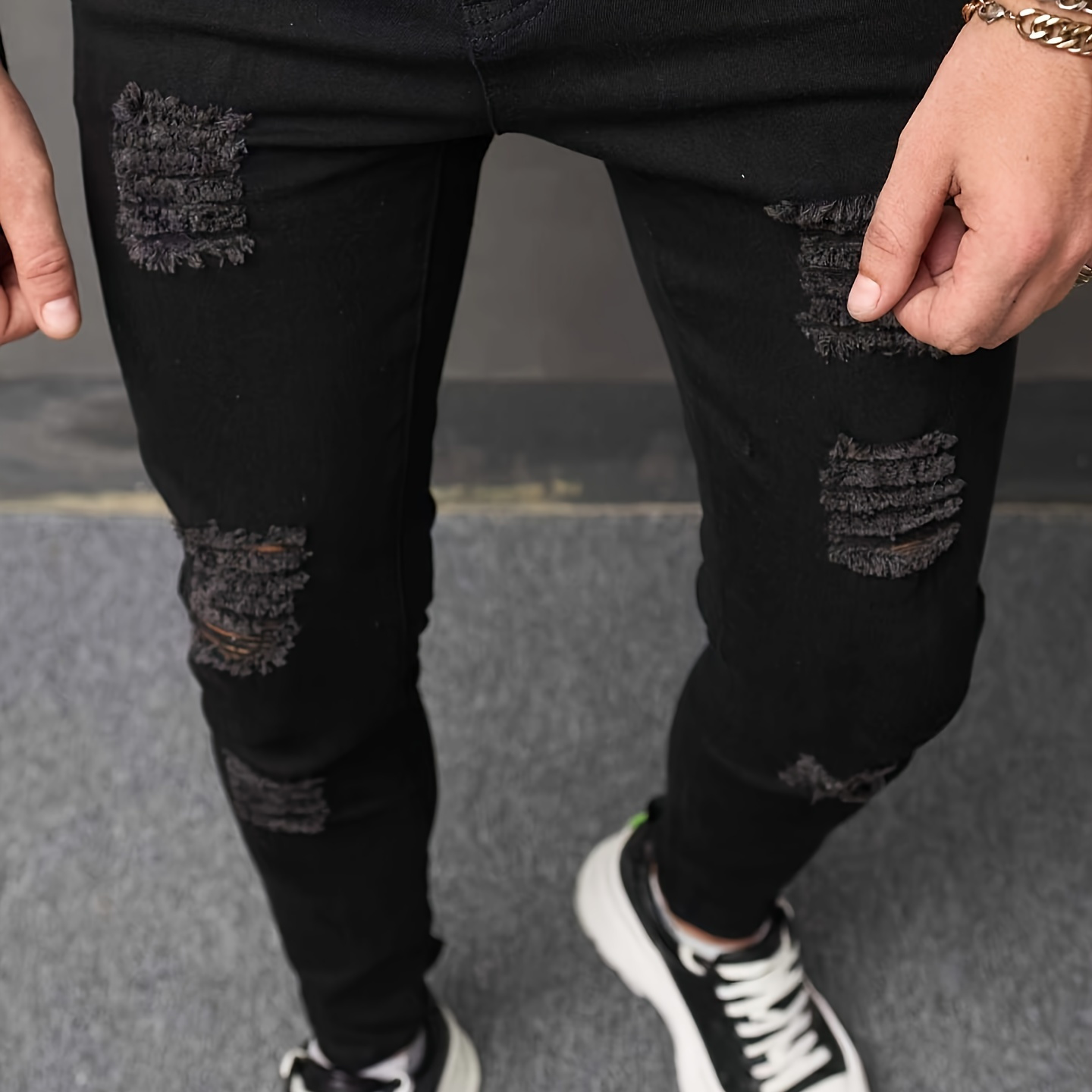 

Fashionable Design Men's Ripped Cotton Blend Slim Fit Denim Jeans With Hollow Pieces And Raw Trims, Stylish And Cool Pants For Street And Daily Leisurewear