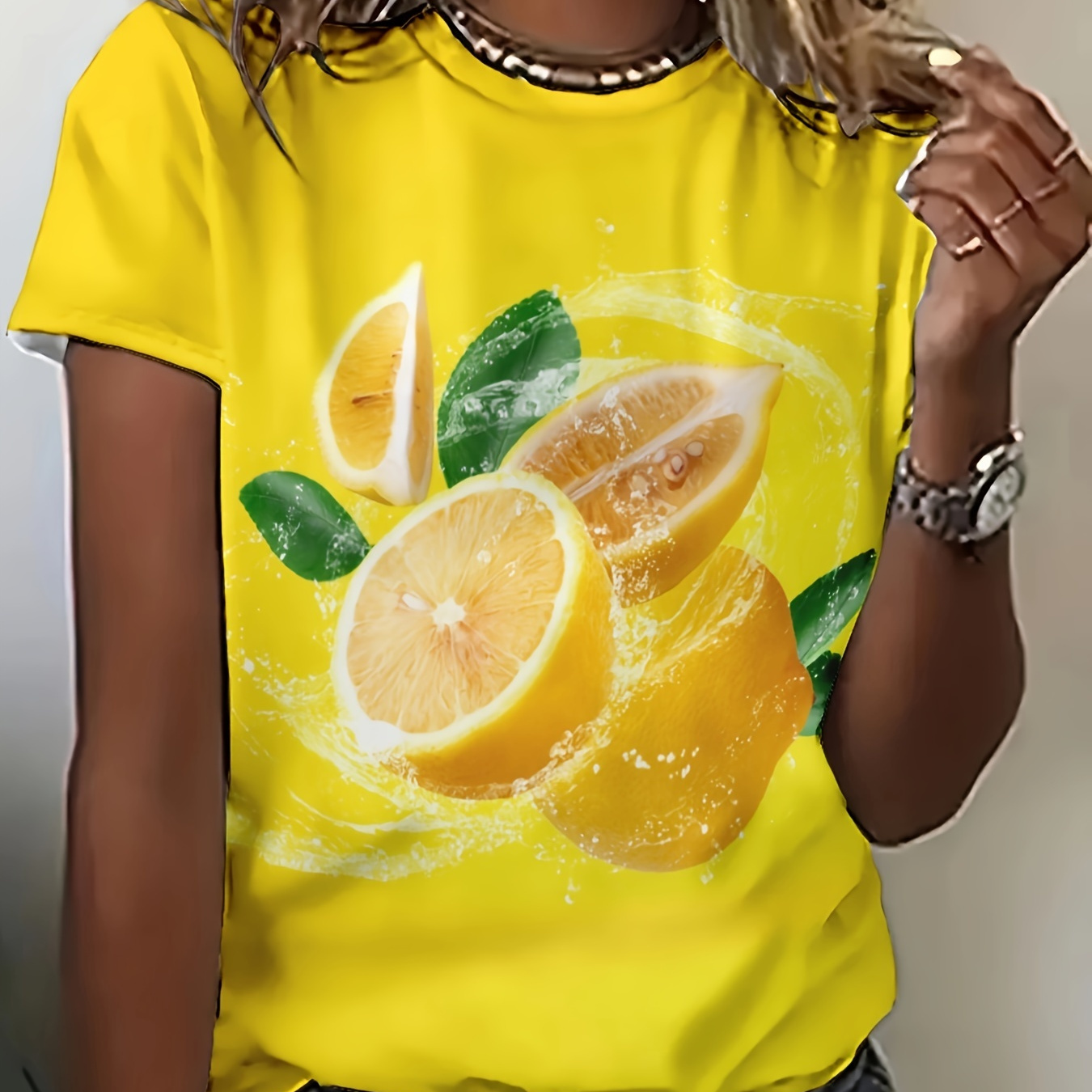 

Women's Fashion Sweet Lemon Fruit Print Graphic T-shirt, Casual Fruit Pattern, Short Sleeve, Summer Top, Vibrant, Breathable Fabric