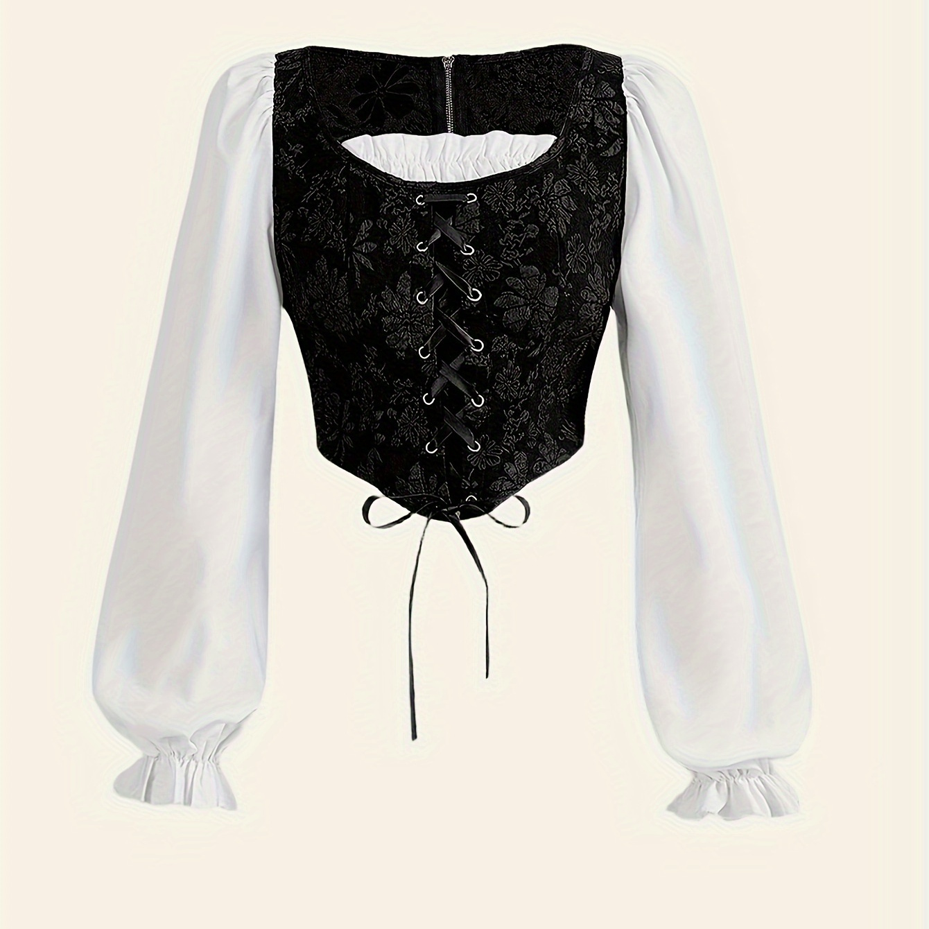 

Jacquard Strappy Corset Blouse, Elegant Long Lantern Sleeve Crop Top For Spring & Fall, Women's Clothing