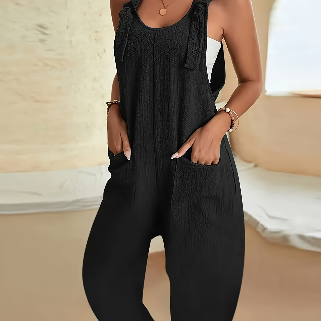 

Plus Size Solid Pocket Overall Jumpsuit, Casual Overall Jumpsuit For Spring & Summer, Women's Plus Size Clothing