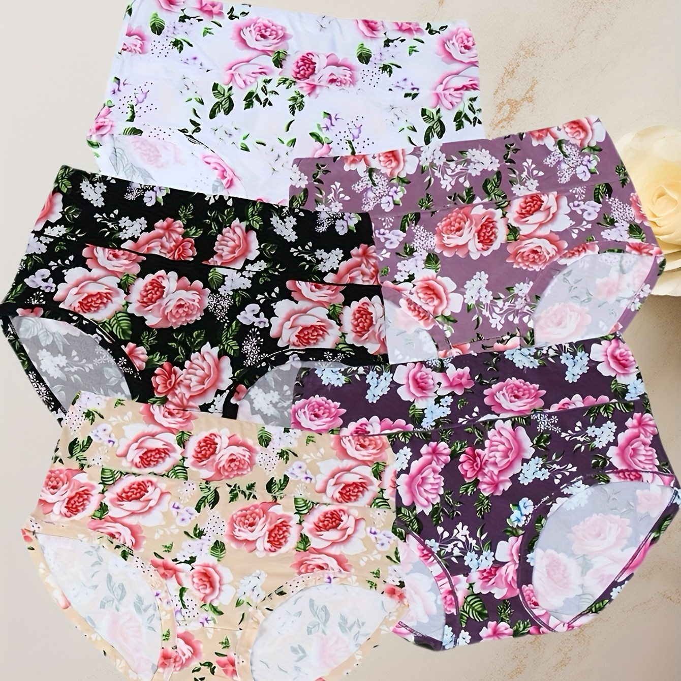 

5pcs Women's Soft & Comfortable Rose Floral Briefs - Stretchy, Breathable Panties Set