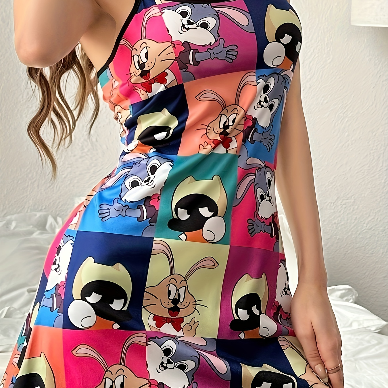 

Allover Cartoon Print Nightgown, Cute Round Neck Backless Frill Trim Slip Dress, Women's Sleepwear