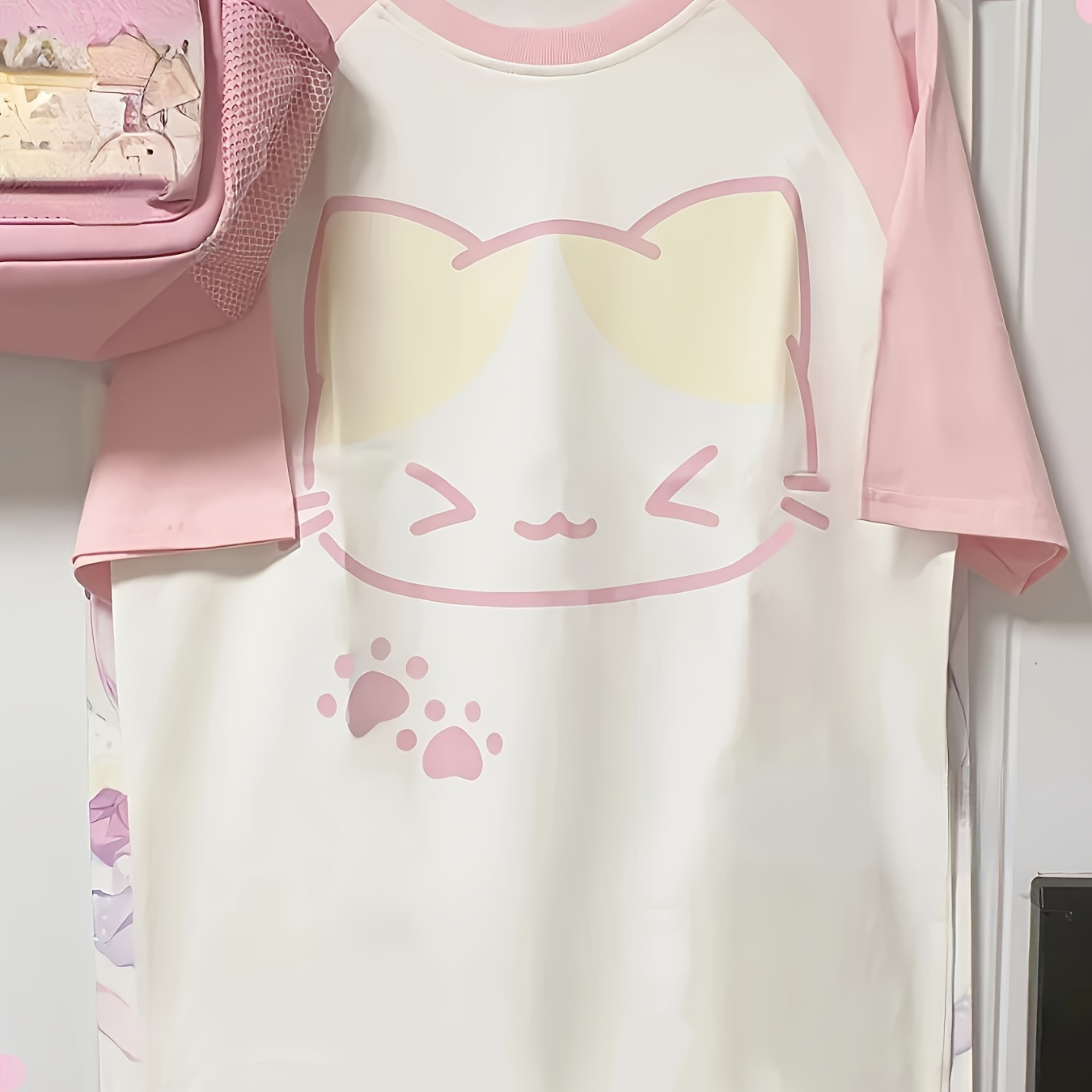 

Cute Cat Print Raglan Sleeve T-shirt, Casual Crew Neck Top For Spring & Summer, Women's Clothing
