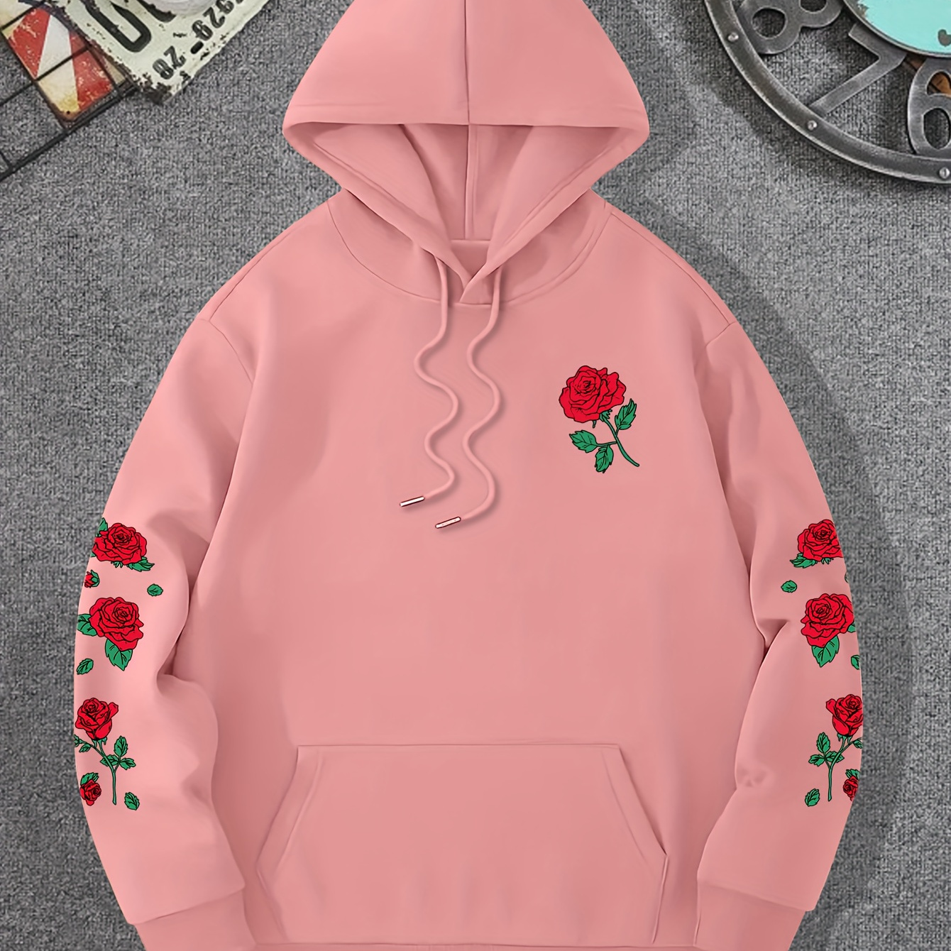 

Retro Rose Pattern Print Hoodie, Cool Hoodies For Men, Men's Casual Graphic Design Pullover Hooded Sweatshirt With Kangaroo Pocket Streetwear For Winter Fall, As Gifts