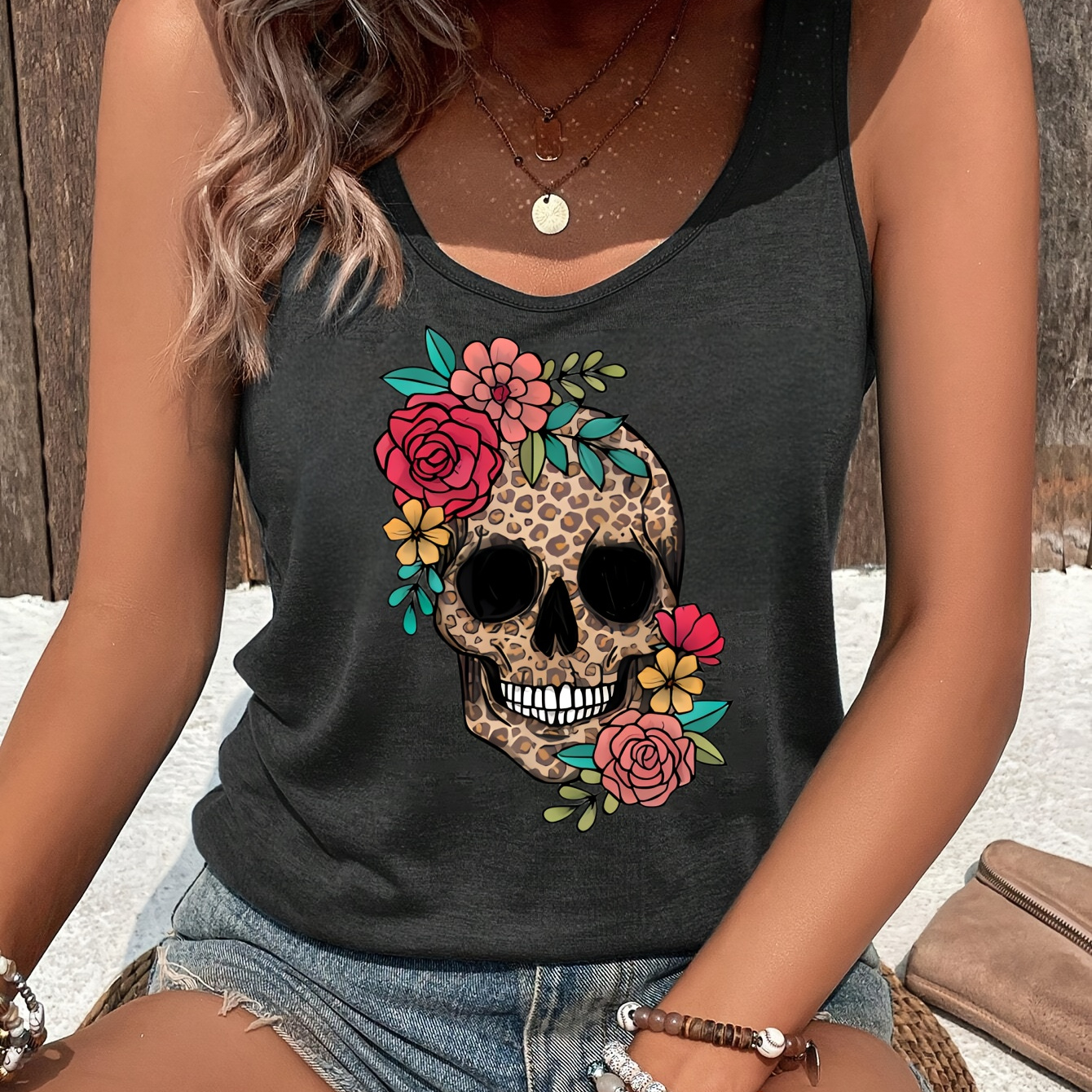 

Skull Print Crew Neck Tank Top, Casual Stripe Top For Summer, Women's Clothing