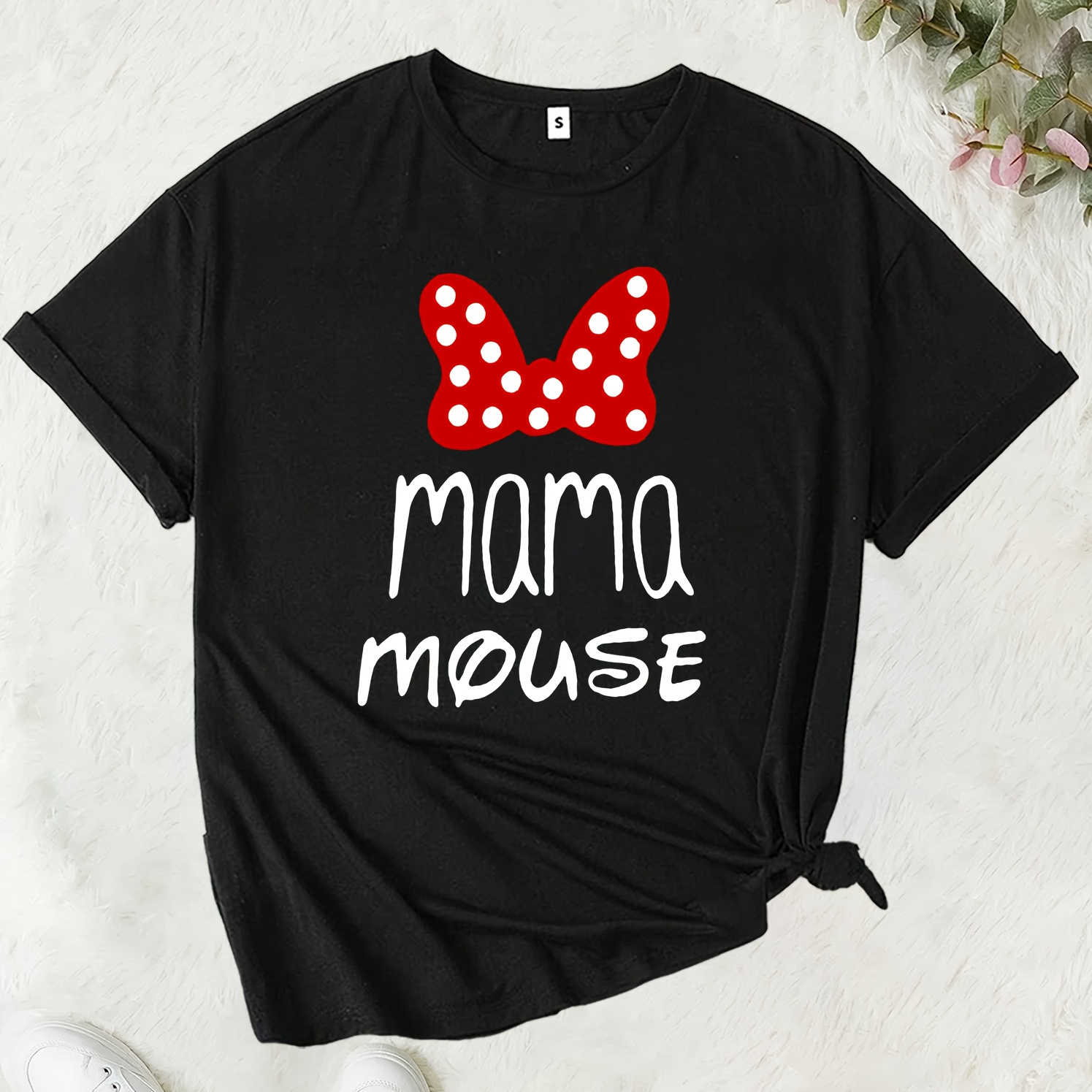 

Women's Mama Mouse Print T-shirt, Short Sleeve Crew Neck Casual Tee, Polyester Spandex , Slight Stretch Knit Fabric - Spring/summer/fall Collection